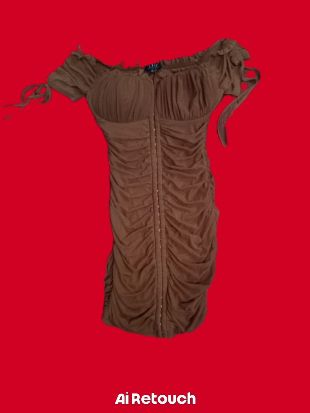 privy Brown Ruched Off-Shoulder Mini Dress